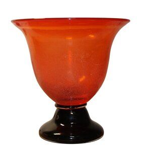 Frosted Orange Art Glass Pedestal Vase w/ Black Base 7" Round x 7" T Centerpiece
